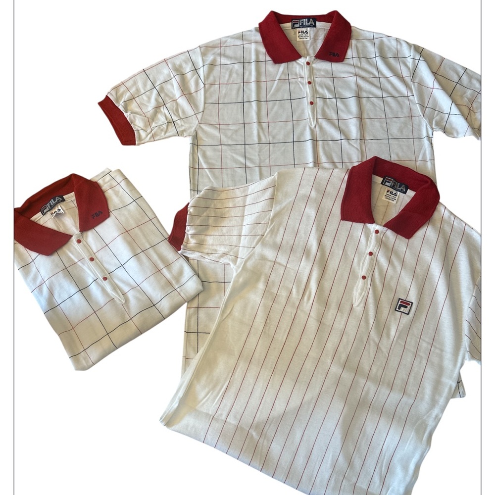 Three FILA Men’s White Polo Shirts with Red Collar — Classic Stripe